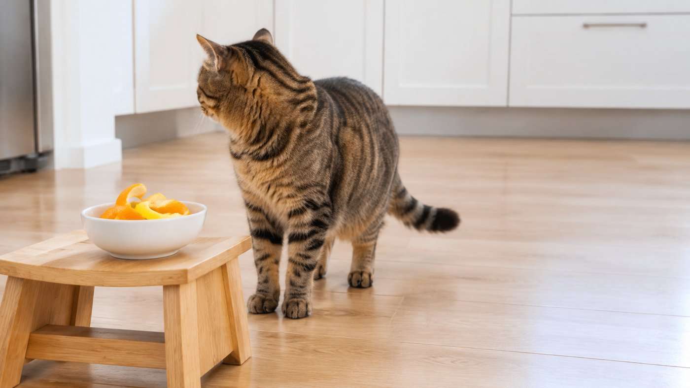 A tabby cat on a kitchen floor turning its head away from a small bowl of fresh orange and lemon peels on a low step stool, in soft daylight