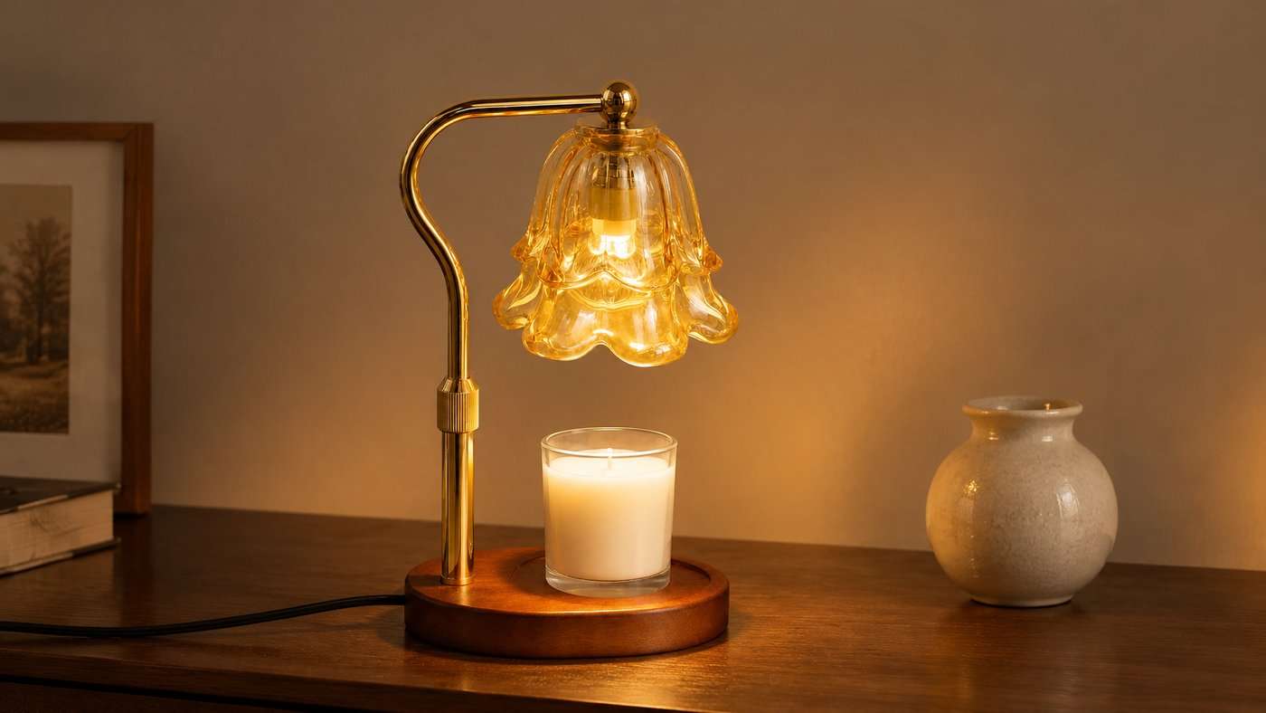 GODONLIF Camellia Floral candle warmer lamp with an amber pressed-glass flower shade on a gold S-arm and an oval cherry-brown wood base, lit over an open jar of unburnt wax on a living room sideboard