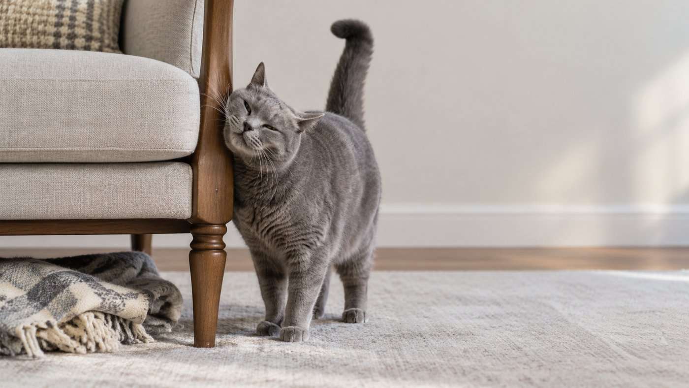 A gray cat rubbing its cheek against the wooden leg of a living room chair, beside a folded throw on the floor, in soft afternoon light