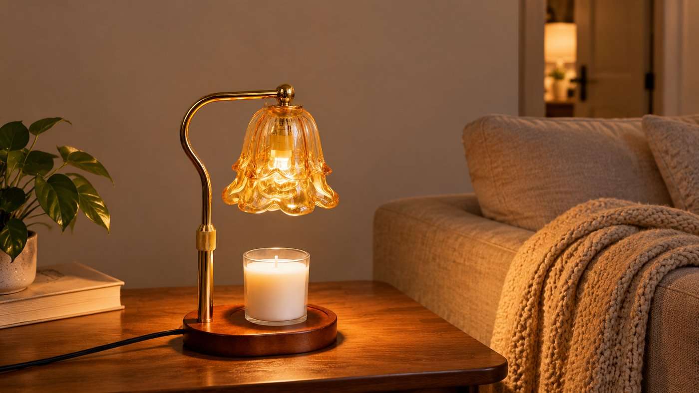 GODONLIF Camellia Floral candle warmer lamp on a wooden side table in a cozy living room at dusk, its amber glass flower shade lit over an open jar of smooth unburnt wax